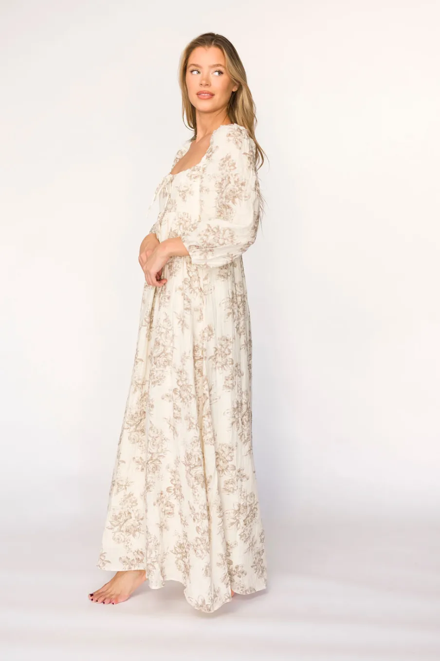 Fashion Worth Collective Peyton 100% Cotton Maxi Dress in Brown Floral - Bump Friendly (XS-XL)