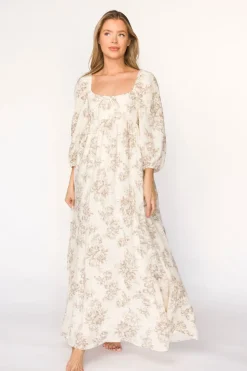 Fashion Worth Collective Peyton 100% Cotton Maxi Dress in Brown Floral - Bump Friendly (XS-XL)