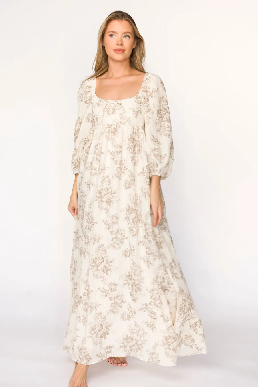 Fashion Worth Collective Peyton 100% Cotton Maxi Dress in Brown Floral - Bump Friendly (XS-XL)