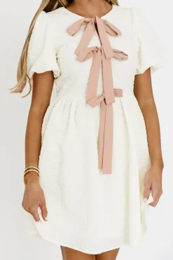 Online Worth Collective Phaedra Bubble Textured Bow Tie Front Mini Dress In Butter Cream