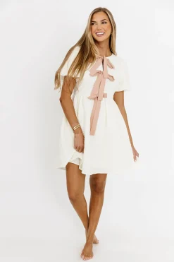 Online Worth Collective Phaedra Bubble Textured Bow Tie Front Mini Dress In Butter Cream