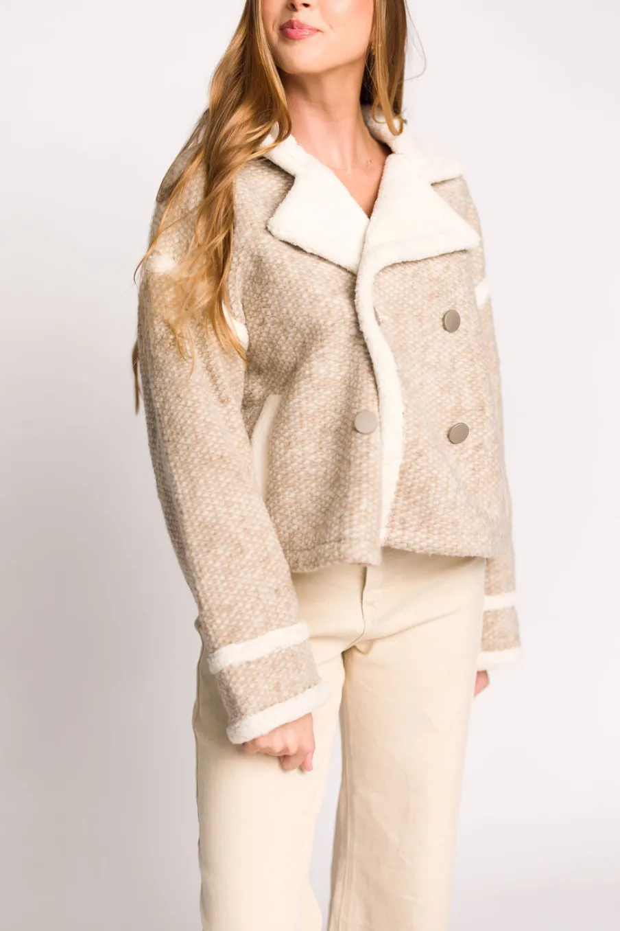 Outlet Worth Collective Presley Mixed Color Mini Pompom Jacket in Beige Combo