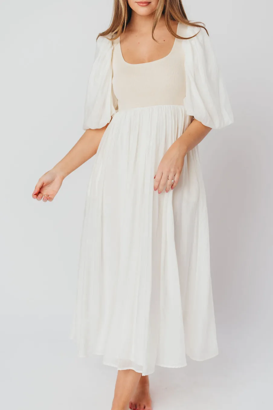 Best Worth Collective Raina Combination Midi Dress with Puff Sleeves in Natural - Bump Frien