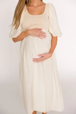 Best Worth Collective Raina Combination Midi Dress with Puff Sleeves in Natural - Bump Frien