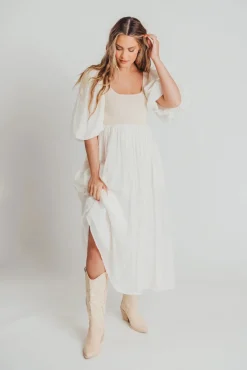 Best Worth Collective Raina Combination Midi Dress with Puff Sleeves in Natural - Bump Frien