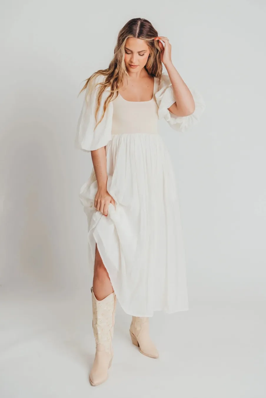 Best Worth Collective Raina Combination Midi Dress with Puff Sleeves in Natural - Bump Frien
