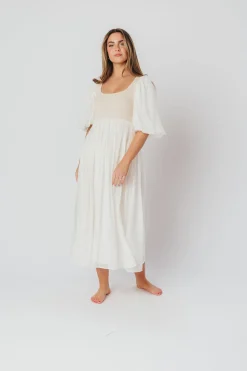 Best Worth Collective Raina Combination Midi Dress with Puff Sleeves in Natural - Bump Frien