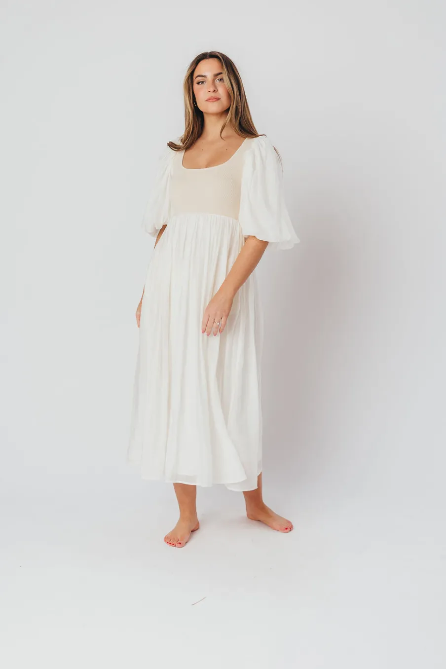 Best Worth Collective Raina Combination Midi Dress with Puff Sleeves in Natural - Bump Frien
