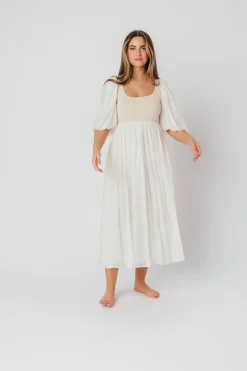 Best Worth Collective Raina Combination Midi Dress with Puff Sleeves in Natural - Bump Frien