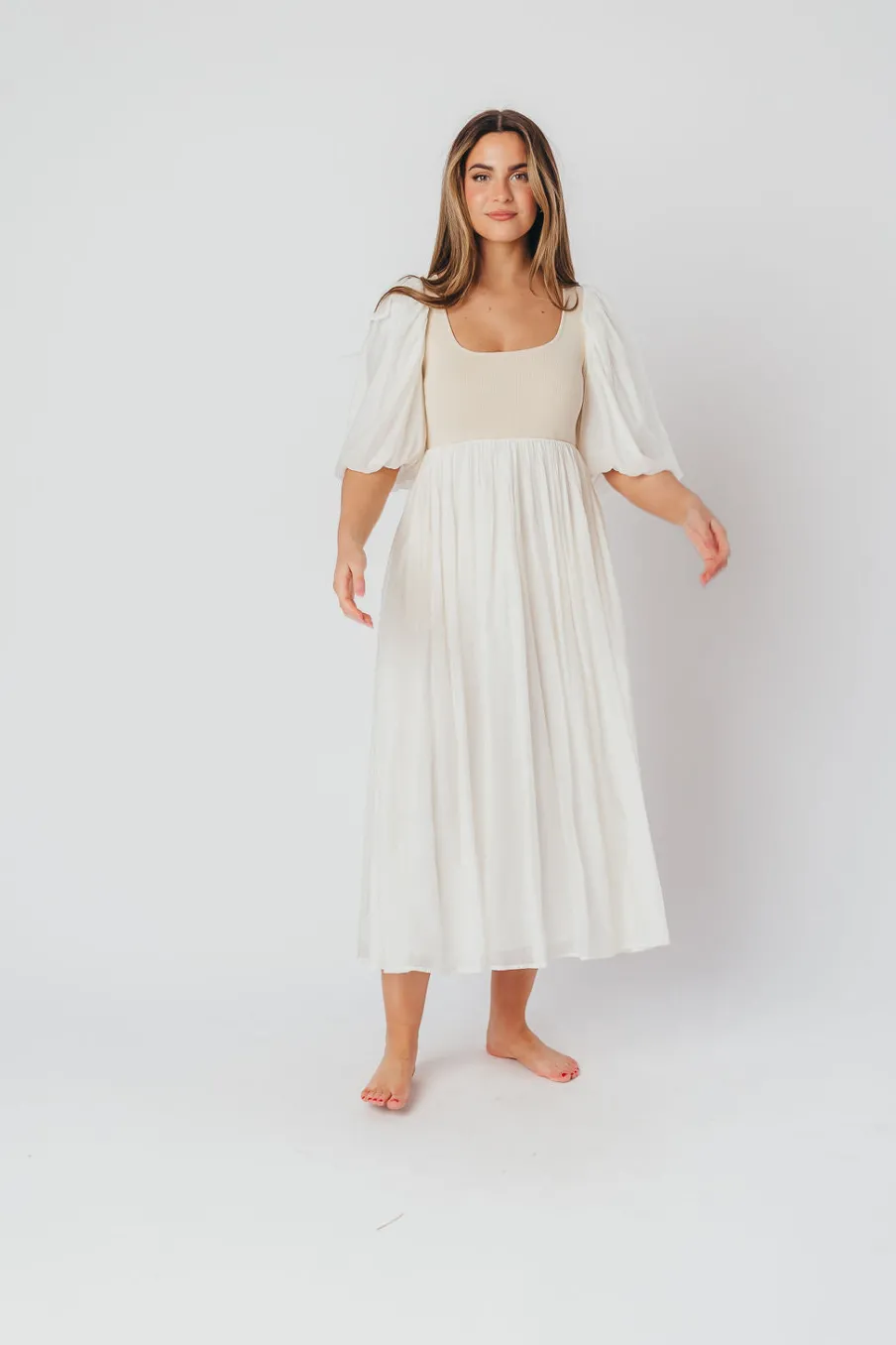 Best Worth Collective Raina Combination Midi Dress with Puff Sleeves in Natural - Bump Frien