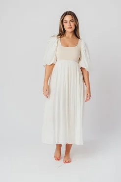 Best Worth Collective Raina Combination Midi Dress with Puff Sleeves in Natural - Bump Frien