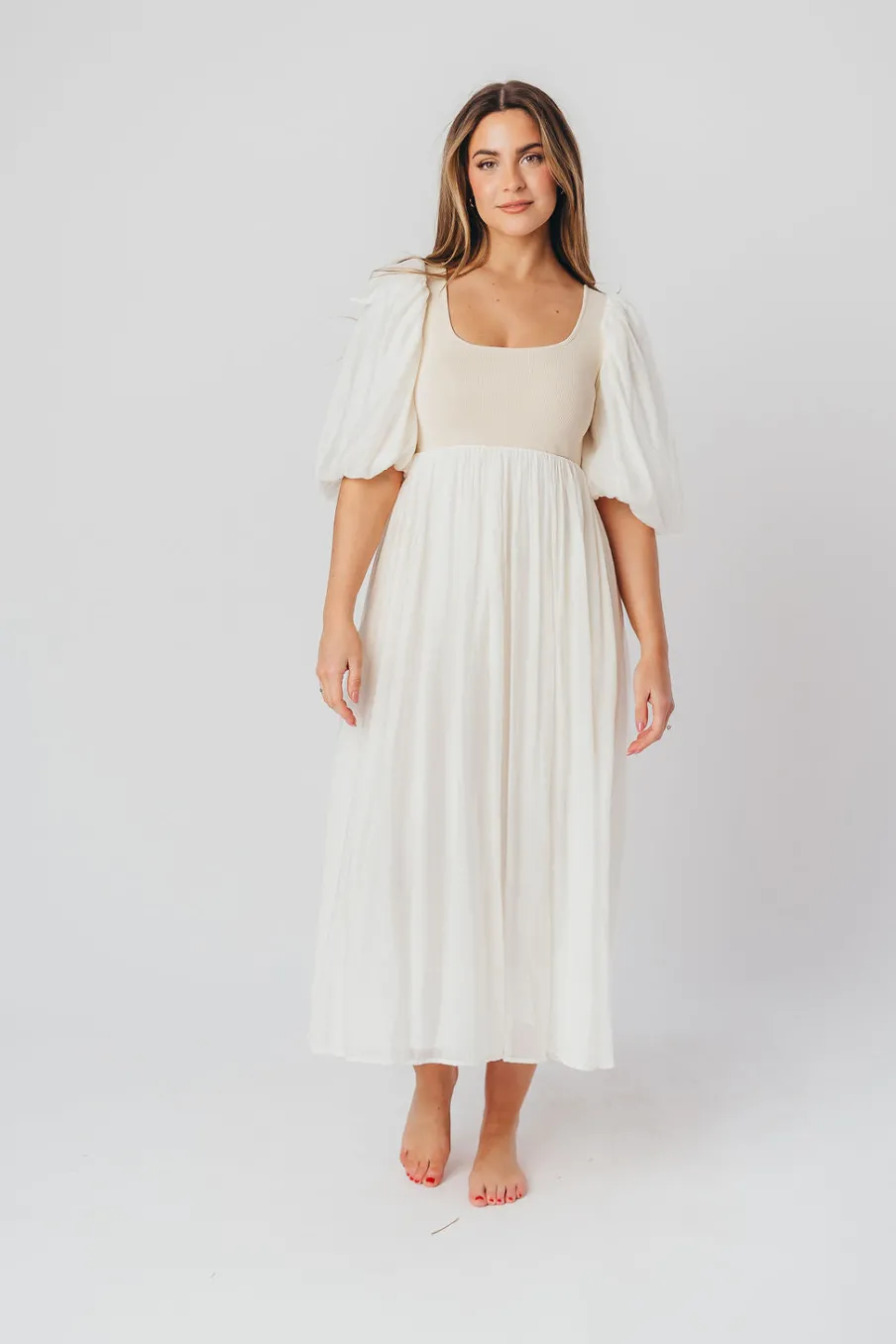 Best Worth Collective Raina Combination Midi Dress with Puff Sleeves in Natural - Bump Frien