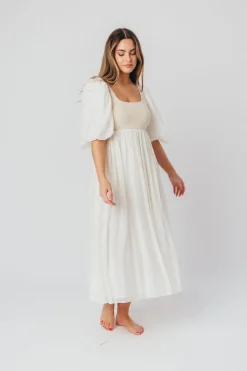 Best Worth Collective Raina Combination Midi Dress with Puff Sleeves in Natural - Bump Frien