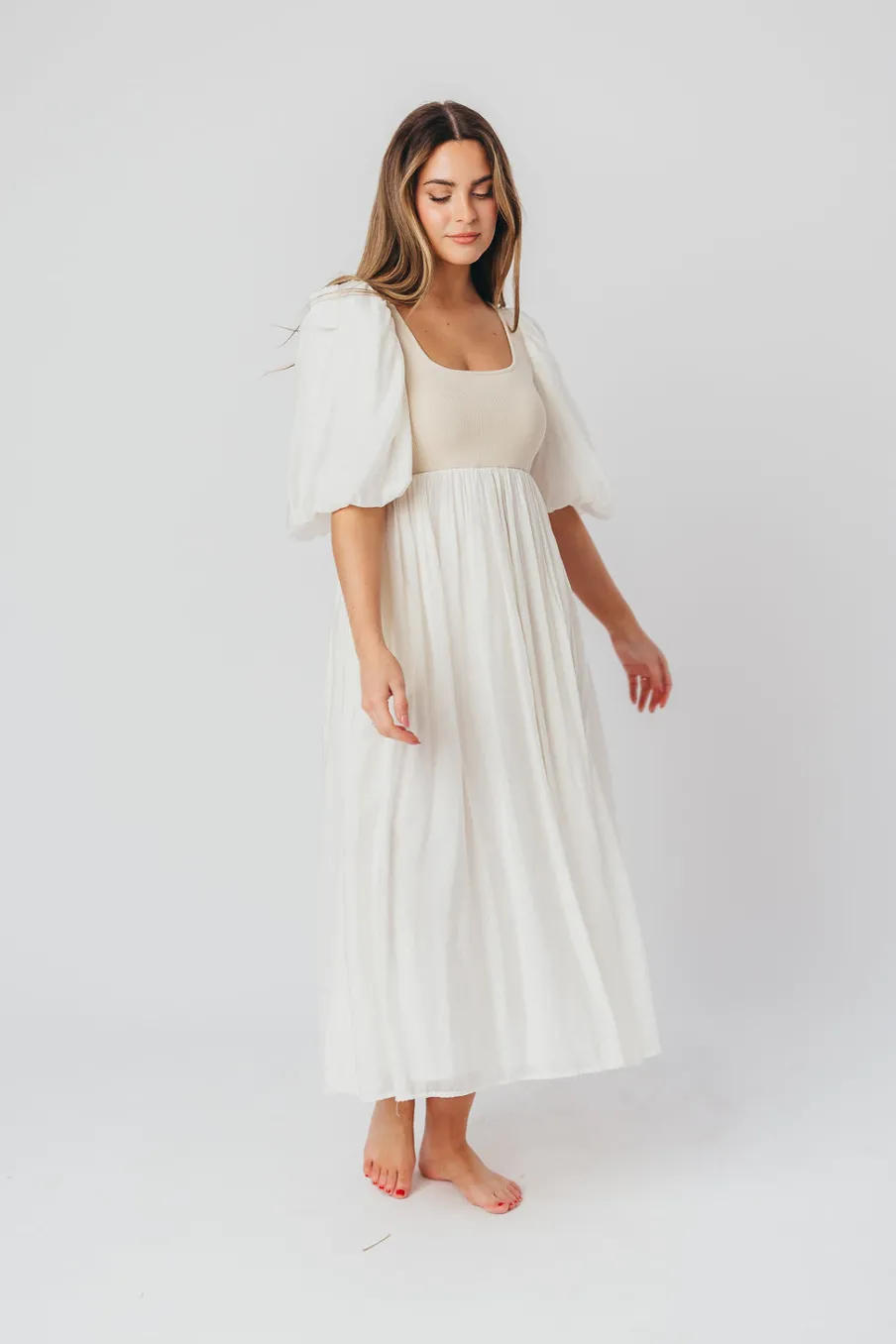 Best Worth Collective Raina Combination Midi Dress with Puff Sleeves in Natural - Bump Frien