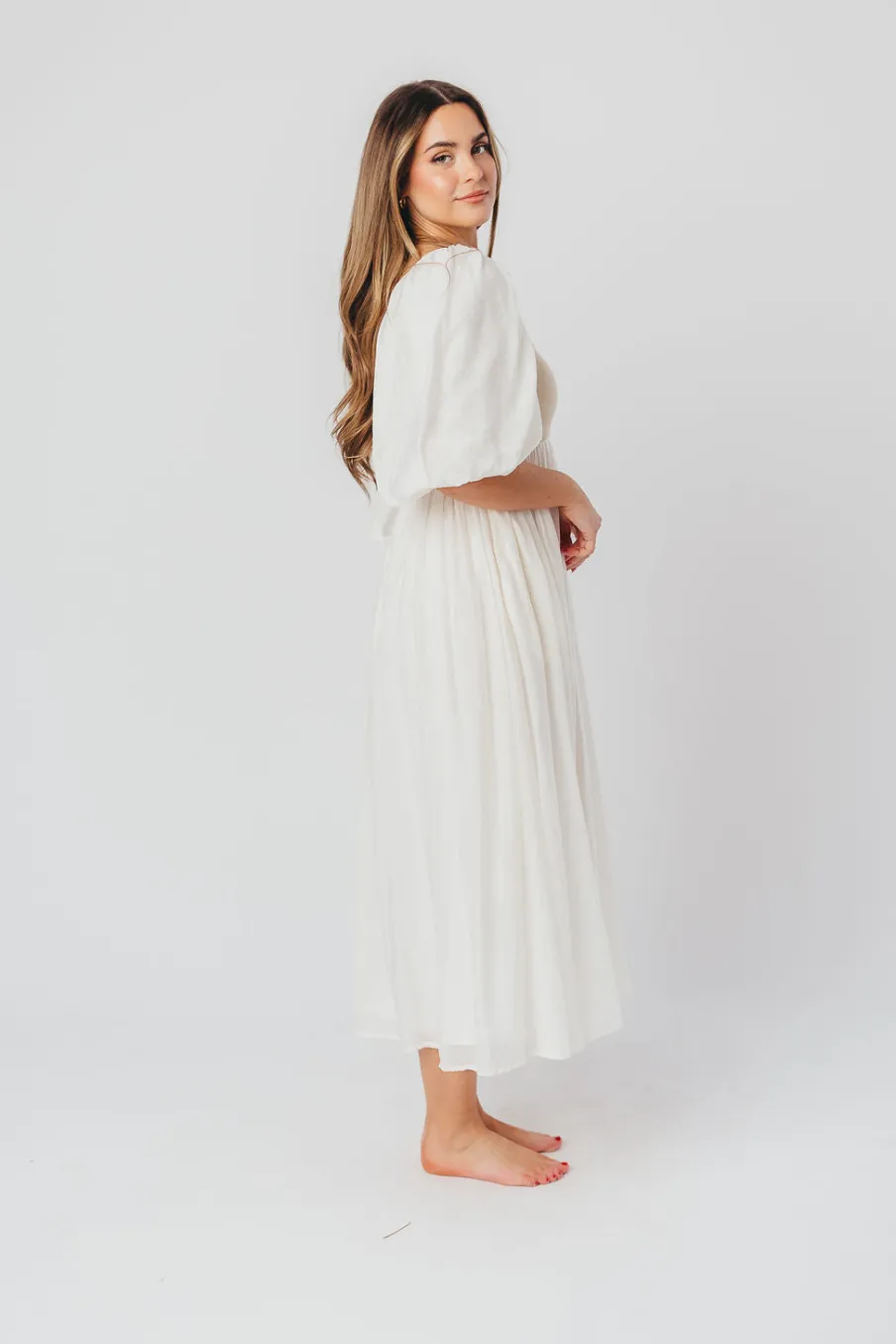 Best Worth Collective Raina Combination Midi Dress with Puff Sleeves in Natural - Bump Frien
