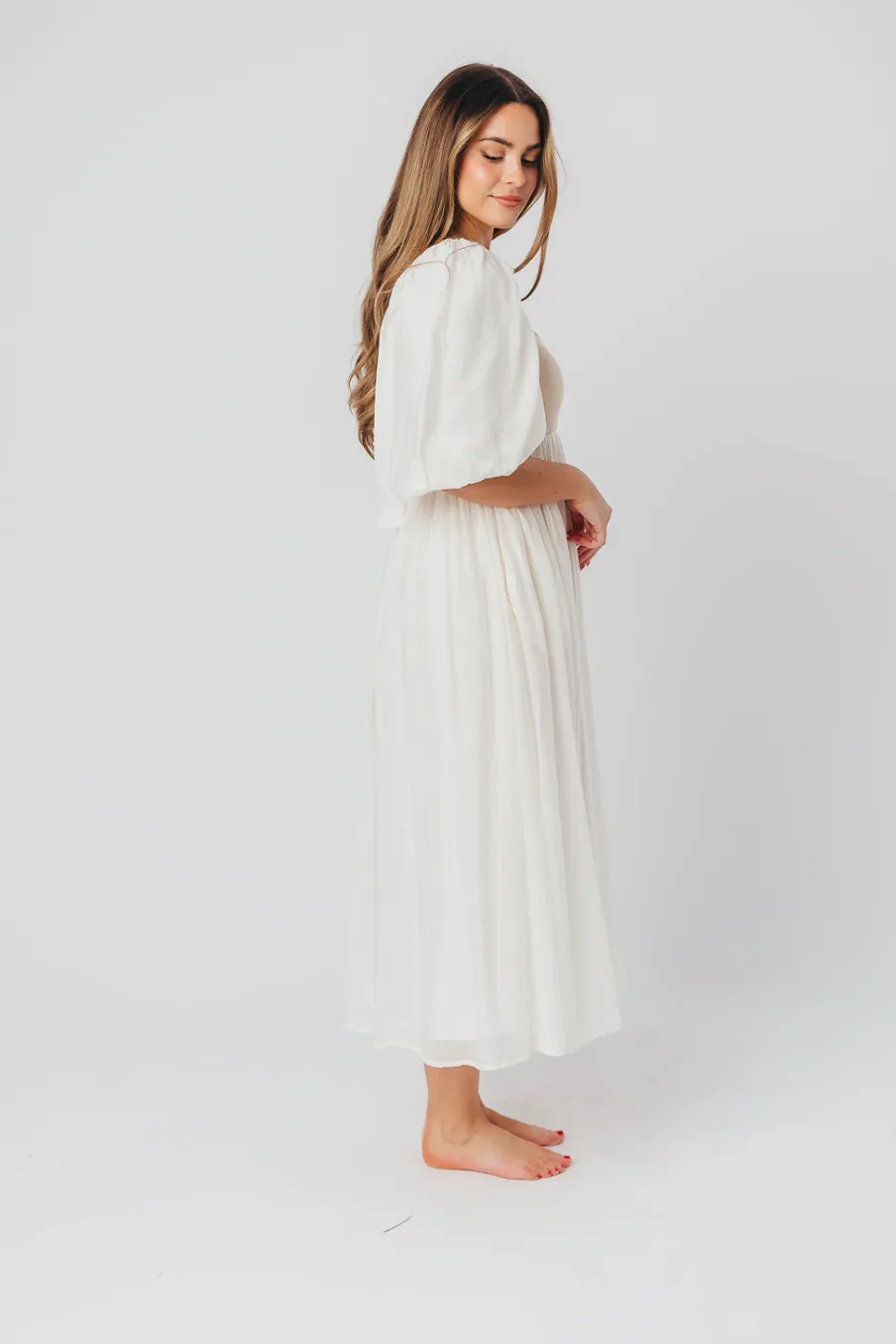Best Worth Collective Raina Combination Midi Dress with Puff Sleeves in Natural - Bump Frien