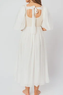 Best Worth Collective Raina Combination Midi Dress with Puff Sleeves in Natural - Bump Frien