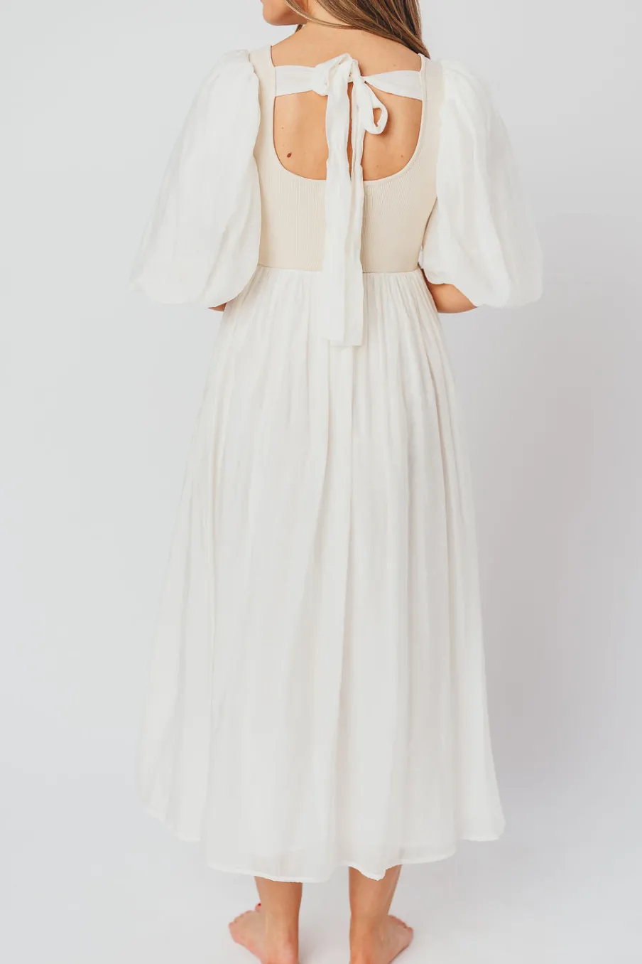Best Worth Collective Raina Combination Midi Dress with Puff Sleeves in Natural - Bump Frien