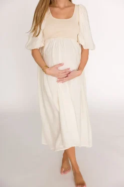 Best Worth Collective Raina Combination Midi Dress with Puff Sleeves in Natural - Bump Frien
