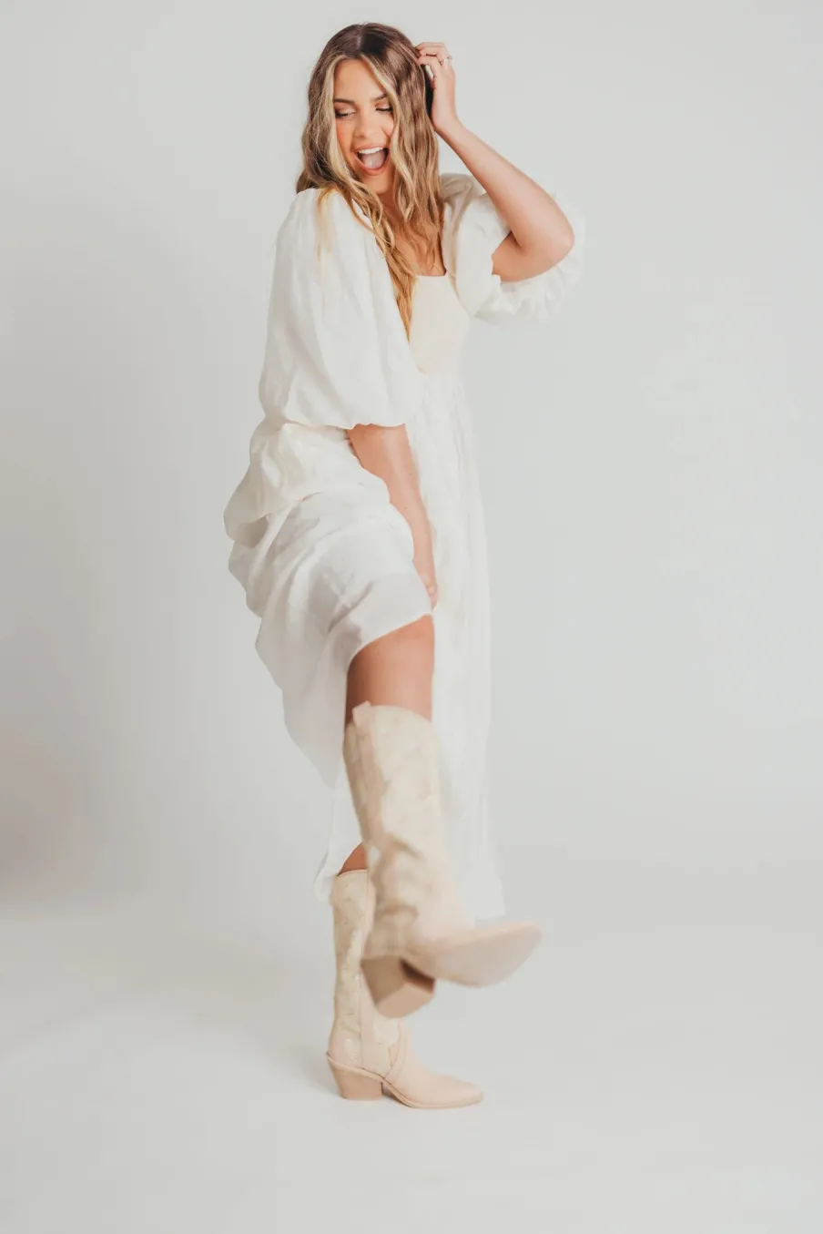 Best Worth Collective Raina Combination Midi Dress with Puff Sleeves in Natural - Bump Frien