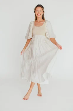 Best Worth Collective Raina Combination Midi Dress with Puff Sleeves in Natural - Bump Frien