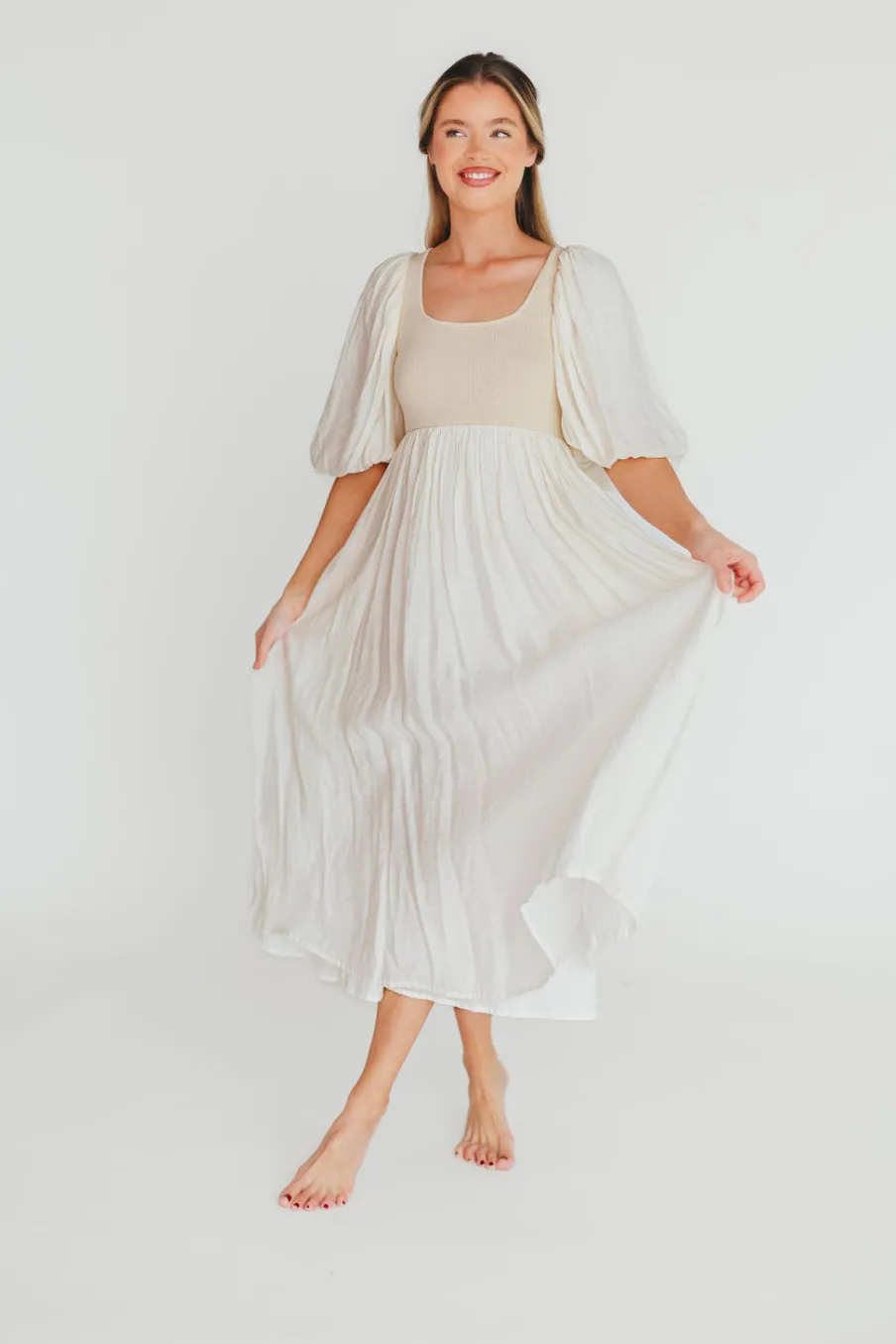 Best Worth Collective Raina Combination Midi Dress with Puff Sleeves in Natural - Bump Frien