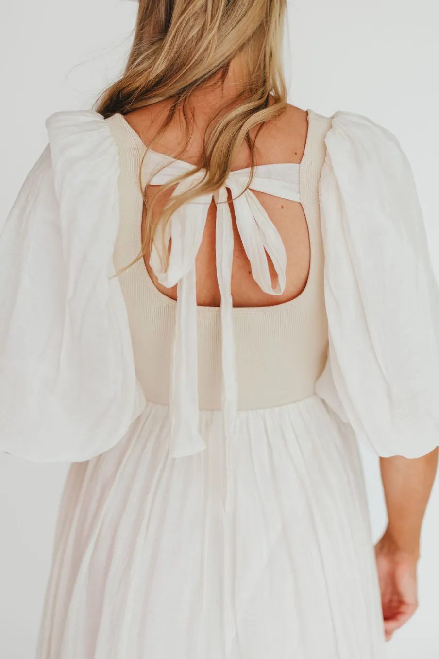 Best Worth Collective Raina Combination Midi Dress with Puff Sleeves in Natural - Bump Frien
