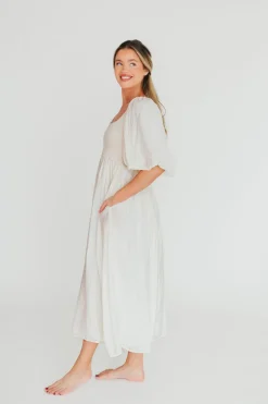 Best Worth Collective Raina Combination Midi Dress with Puff Sleeves in Natural - Bump Frien