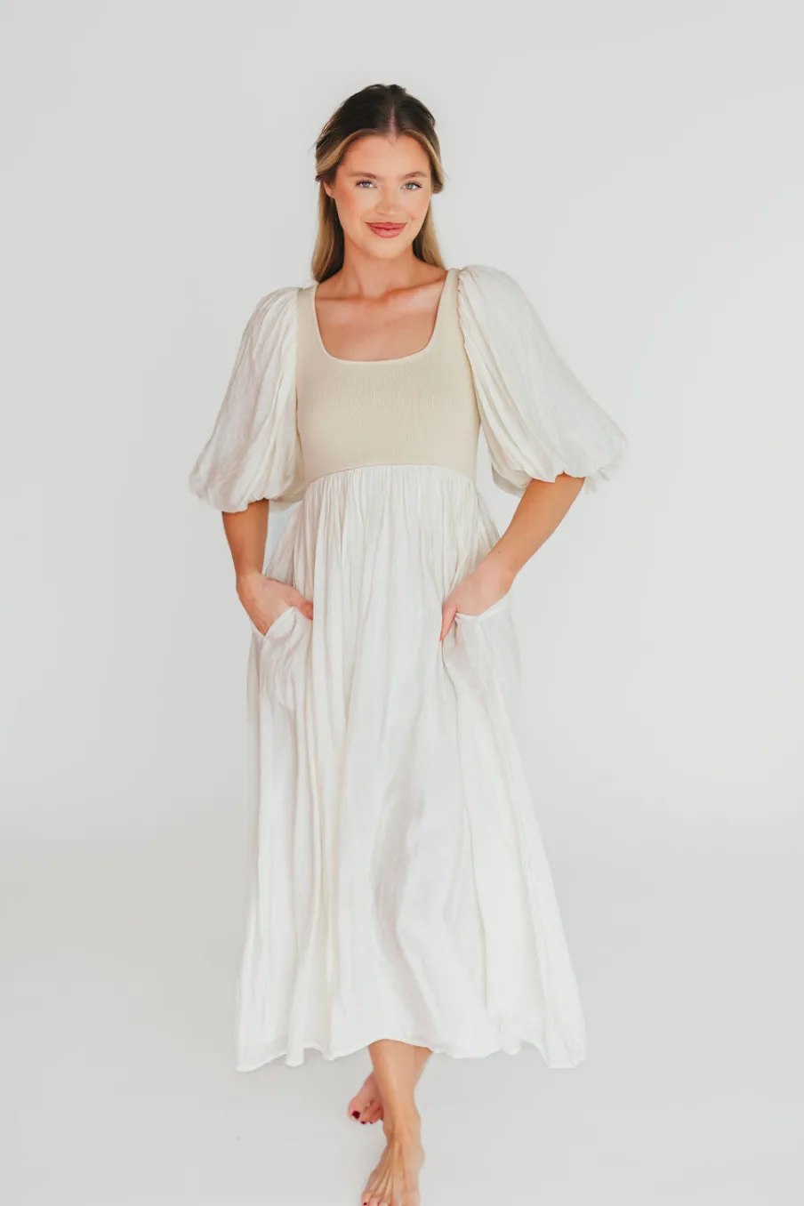 Best Worth Collective Raina Combination Midi Dress with Puff Sleeves in Natural - Bump Frien