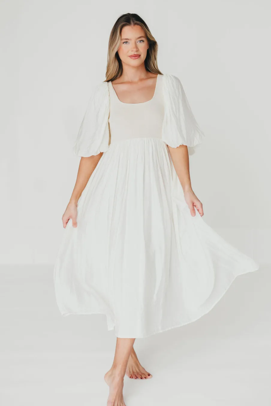 Best Worth Collective Raina Combination Midi Dress with Puff Sleeves in Natural - Bump Frien