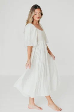 Best Worth Collective Raina Combination Midi Dress with Puff Sleeves in Natural - Bump Frien