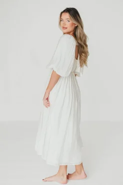 Best Worth Collective Raina Combination Midi Dress with Puff Sleeves in Natural - Bump Frien