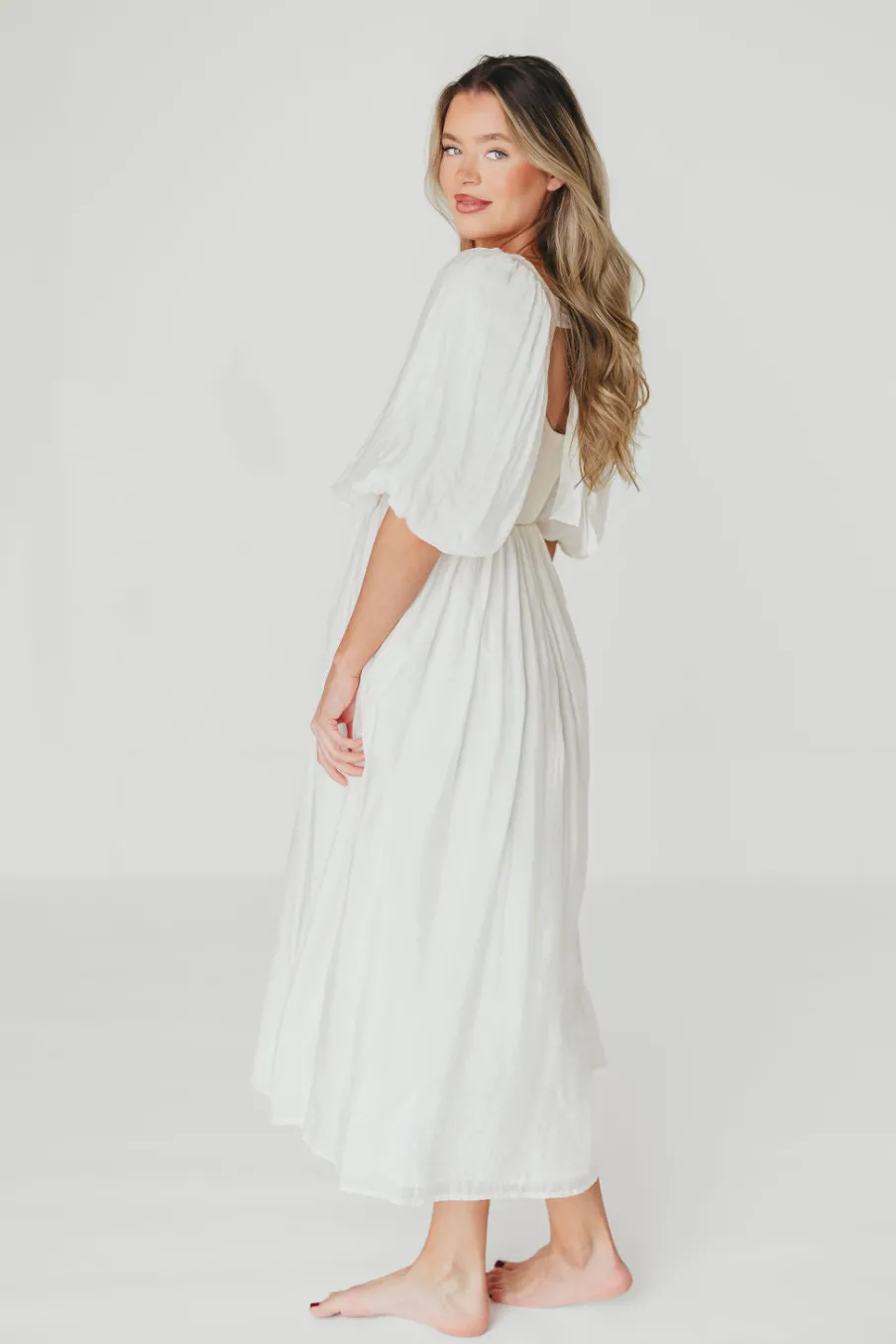 Best Worth Collective Raina Combination Midi Dress with Puff Sleeves in Natural - Bump Frien