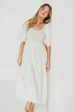 Best Worth Collective Raina Combination Midi Dress with Puff Sleeves in Natural - Bump Frien