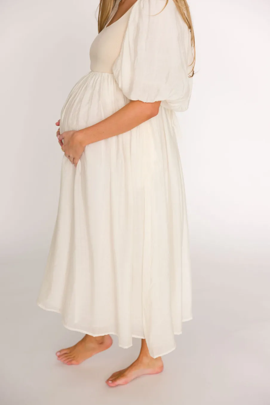 Best Worth Collective Raina Combination Midi Dress with Puff Sleeves in Natural - Bump Frien