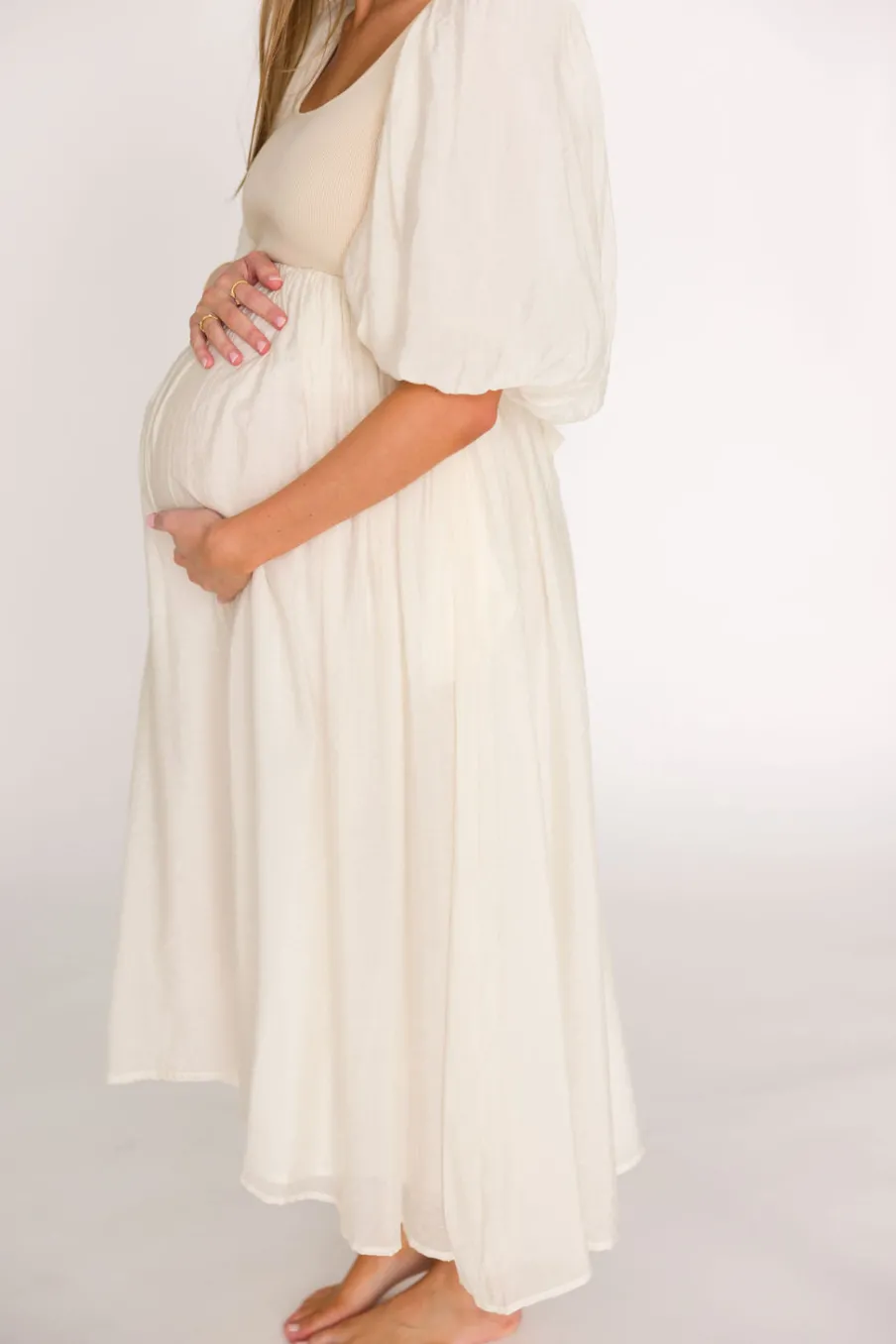 Best Worth Collective Raina Combination Midi Dress with Puff Sleeves in Natural - Bump Frien