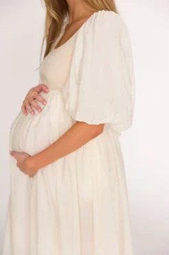 Best Worth Collective Raina Combination Midi Dress with Puff Sleeves in Natural - Bump Frien