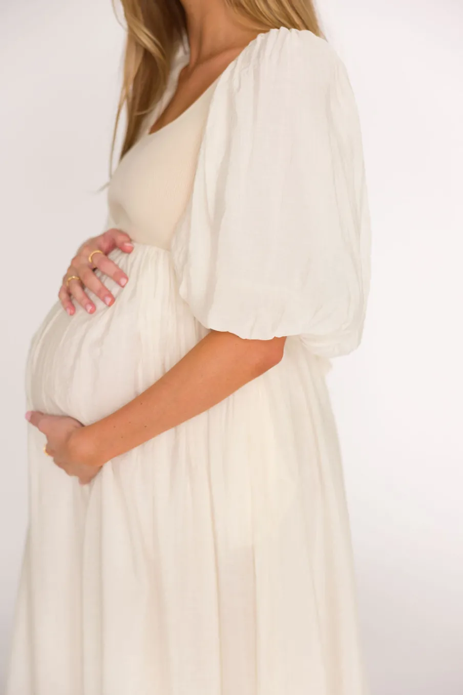 Best Worth Collective Raina Combination Midi Dress with Puff Sleeves in Natural - Bump Frien