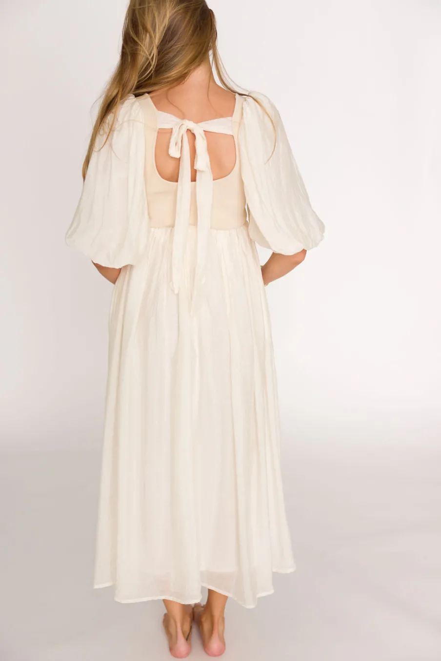Best Worth Collective Raina Combination Midi Dress with Puff Sleeves in Natural - Bump Frien