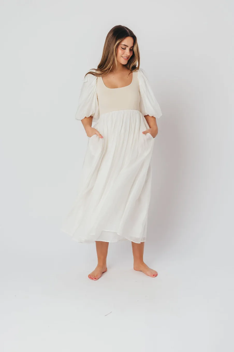 Best Worth Collective Raina Combination Midi Dress with Puff Sleeves in Natural - Bump Frien