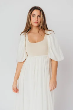 Best Worth Collective Raina Combination Midi Dress with Puff Sleeves in Natural - Bump Frien