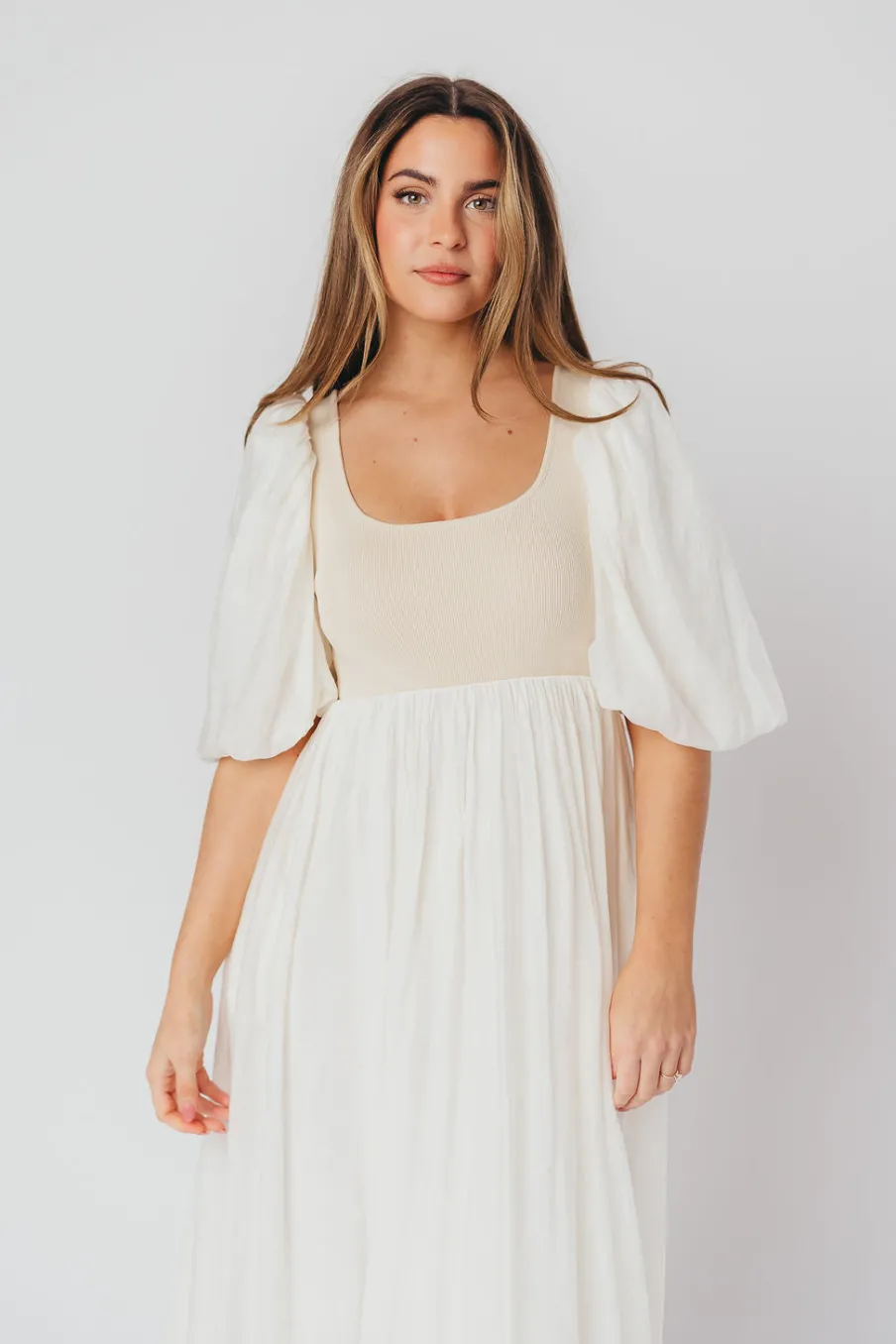 Best Worth Collective Raina Combination Midi Dress with Puff Sleeves in Natural - Bump Frien