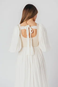 Best Worth Collective Raina Combination Midi Dress with Puff Sleeves in Natural - Bump Frien