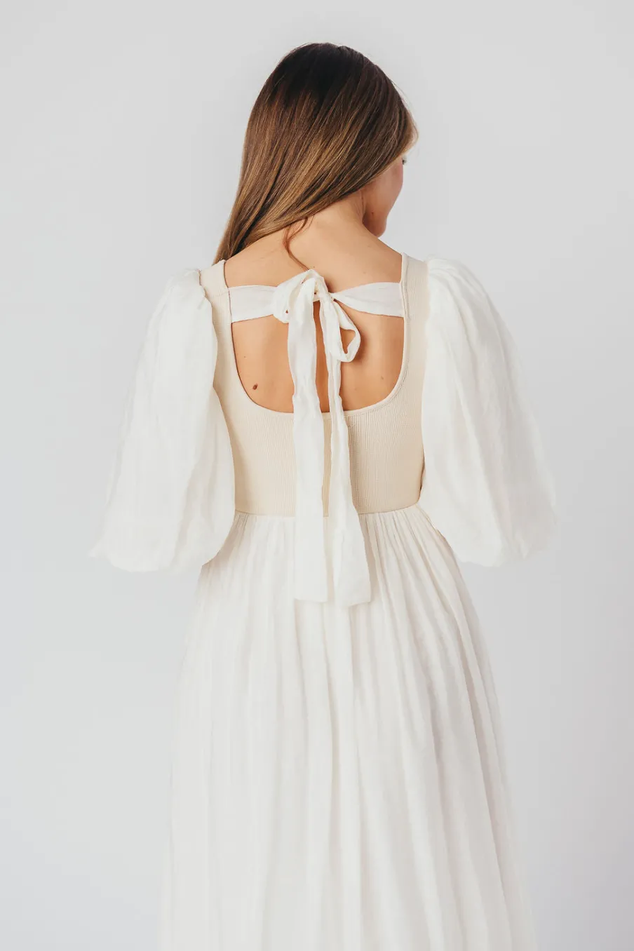 Best Worth Collective Raina Combination Midi Dress with Puff Sleeves in Natural - Bump Frien