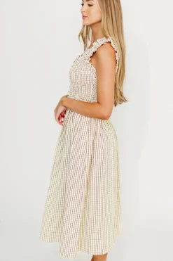 Outlet Worth Collective Ramona Plaid Smocked Midi Dress in Cream