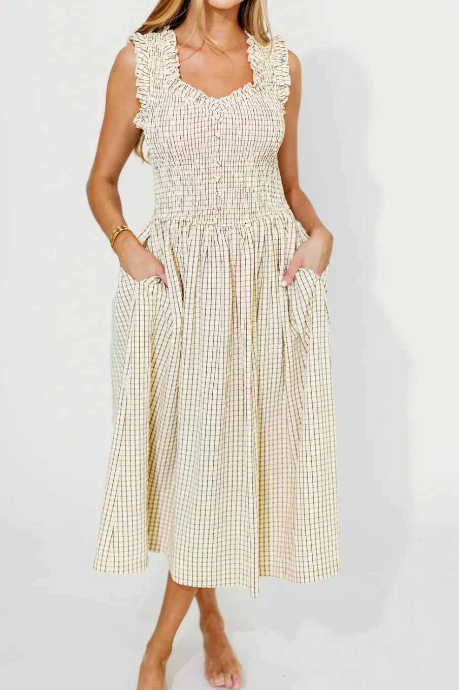 Outlet Worth Collective Ramona Plaid Smocked Midi Dress in Cream