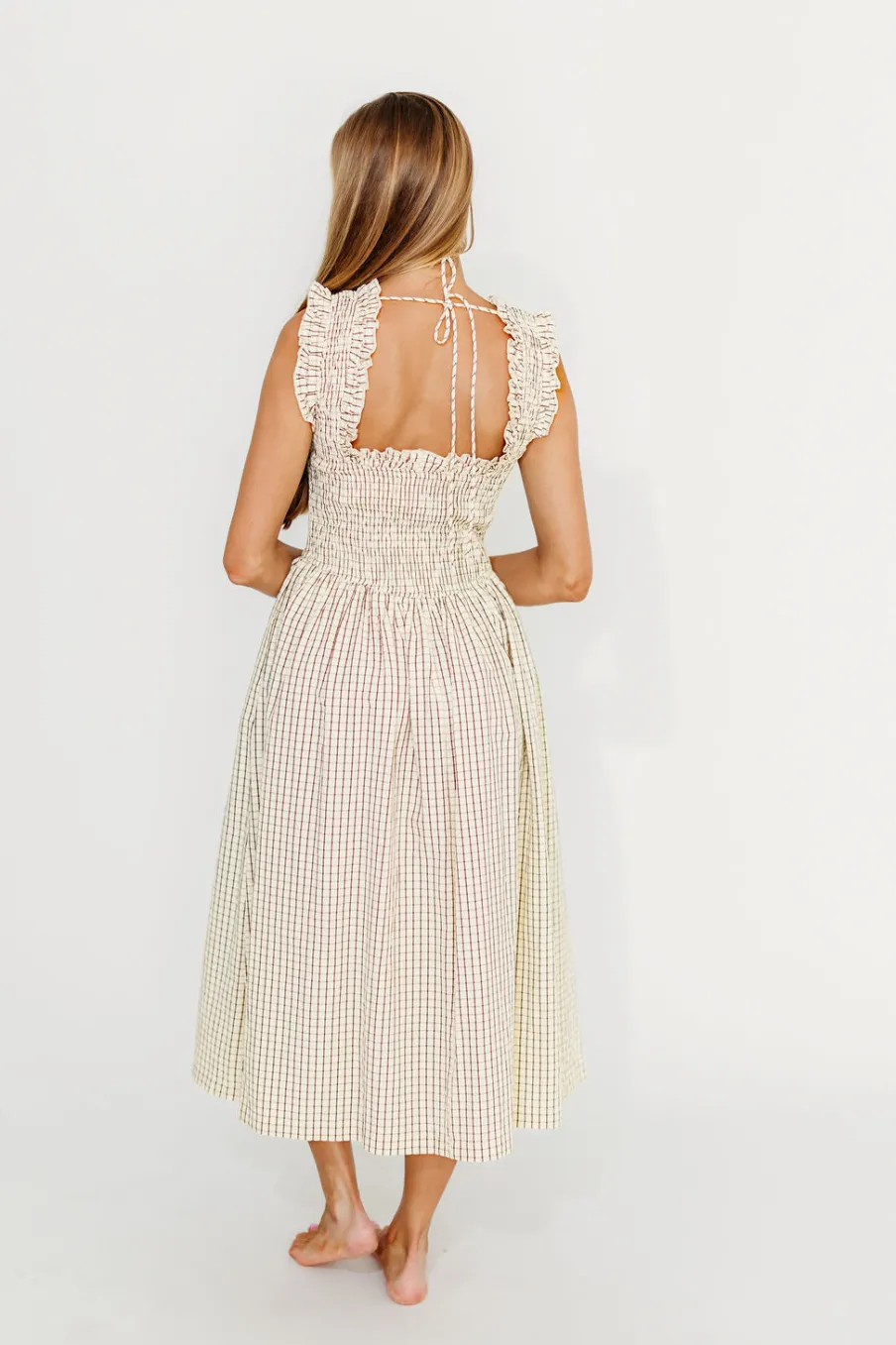 Outlet Worth Collective Ramona Plaid Smocked Midi Dress in Cream