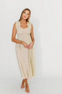 Outlet Worth Collective Ramona Plaid Smocked Midi Dress in Cream