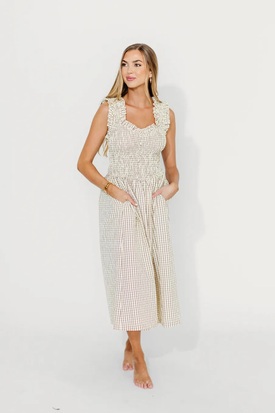 Outlet Worth Collective Ramona Plaid Smocked Midi Dress in Cream