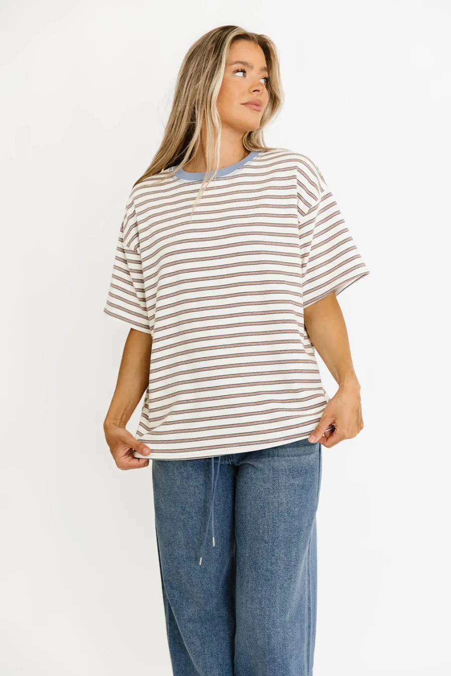 Online Worth Collective Reagan Oversized Striped T-Shirt in Cream